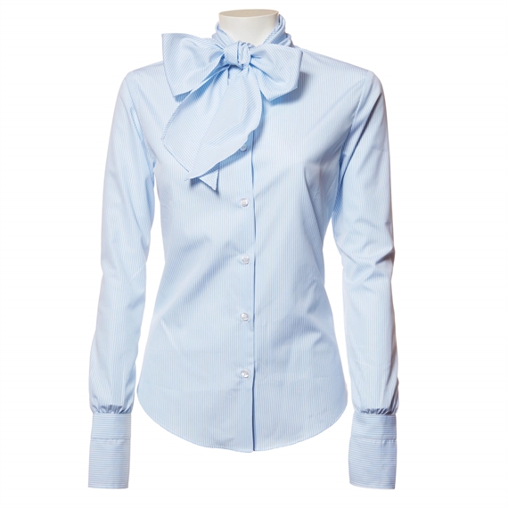 Louise Rømern Pussybow Skjorte, Blue Stripe Poplin
