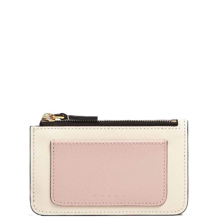 MARNI Saffiano Credit Card Holder W/Zip, Camellia/Talc