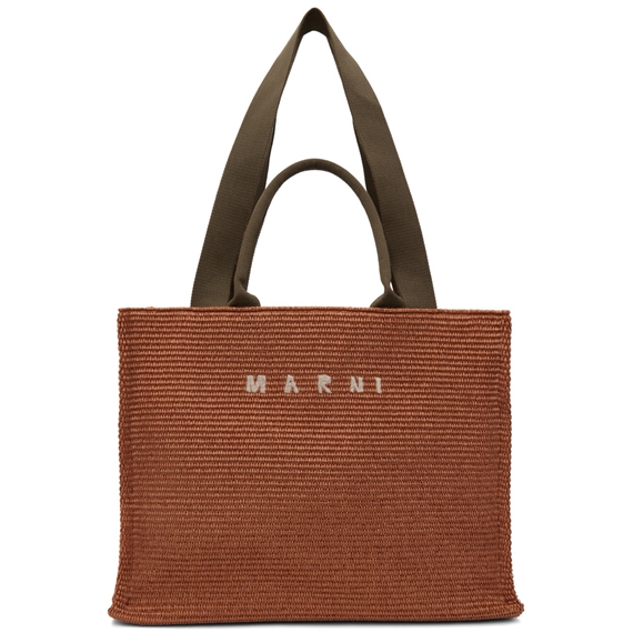 Marni Large Raffia Tote Bag, Brick/Olive 