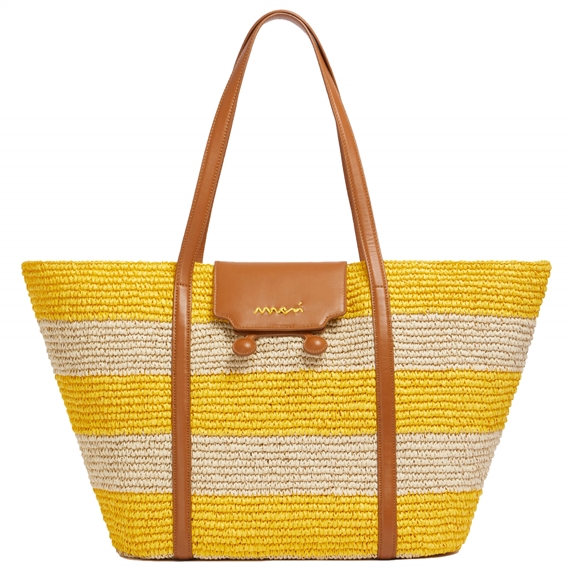 Marni Medium Raffia Trunkaroo Beach Bag, Natural/Dark Lemon