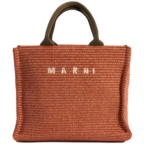 Marni Small Raffia Tote Bag, Brick/Olive 