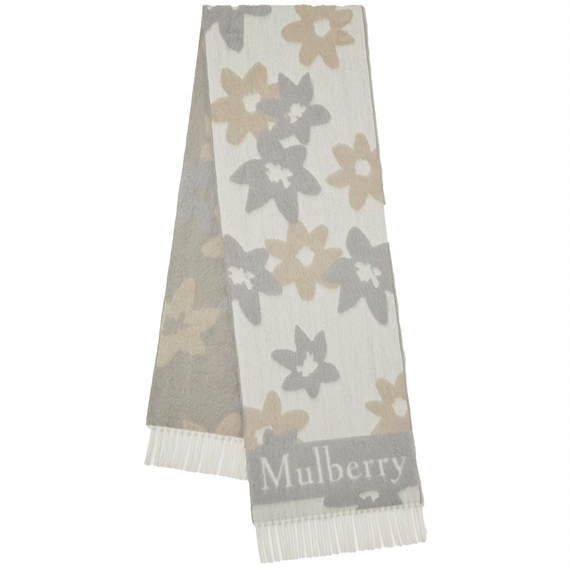 Mulberry Floral Jacquard Scarf, White & Pale Grey
