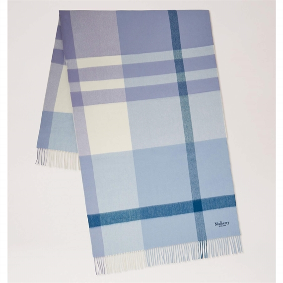 Mulberry Large Check Merino Wool Scarf Poplin Blue & White