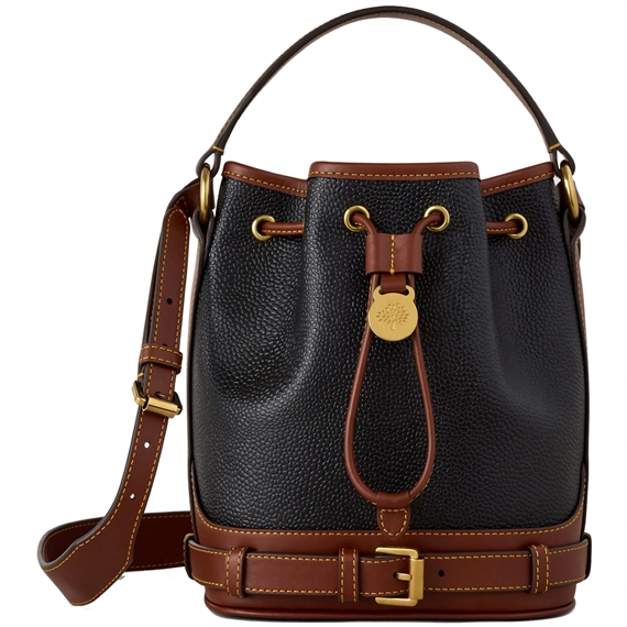 Mulberry Small Buckled Bucket Scotchgrain Black Cognac