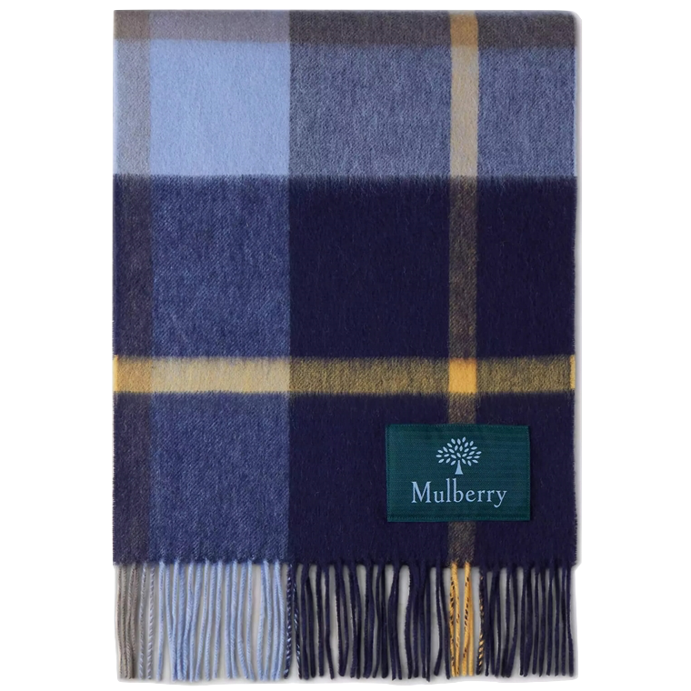 Mulberry Small Check Merino Wool Scarf Cornflower Blue