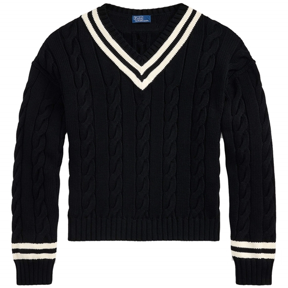 Polo Ralph Lauren Aran-Knit Cotton Cricket Jumper, Polo Black/Cream
