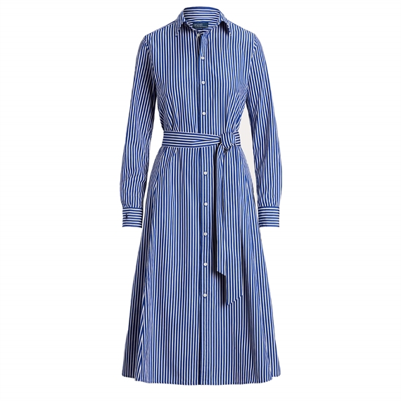 Polo Ralph Lauren Belted Striped Cotton Skjortekjole, Bright Navy/White 
