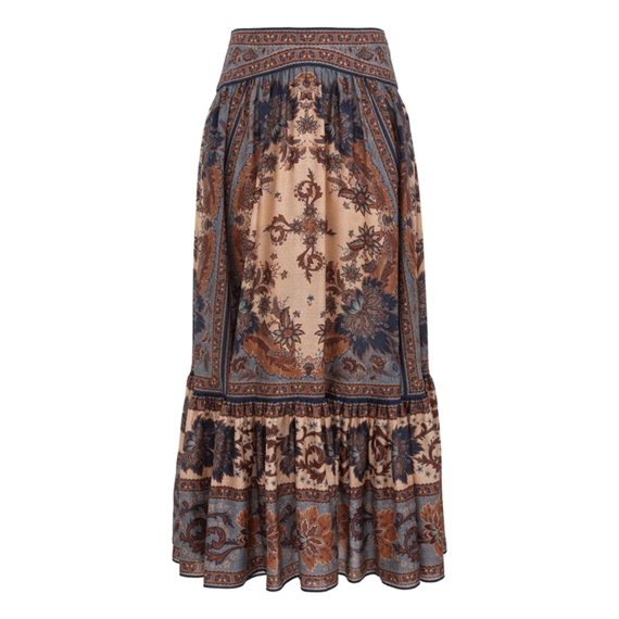 Zimmermann Ascension Tiered Midi Nederdel, Blue/Cream Indienne Floral