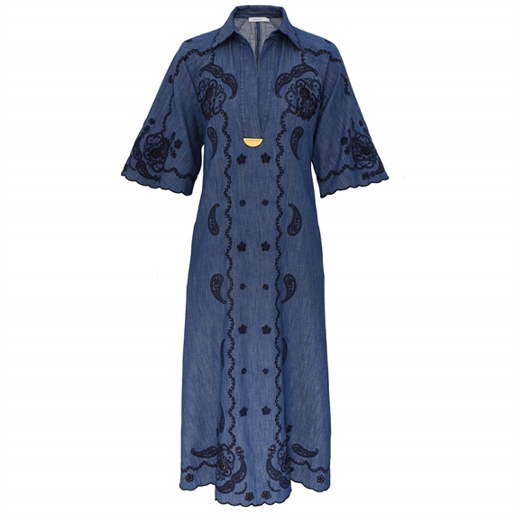 Zimmermann Aster Embroidered Denim Midi Kjole, Railway Blue