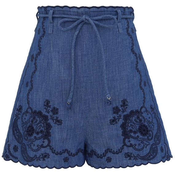 Zimmermann Aster Embroidered Denim Shorts, Railway Blue 
