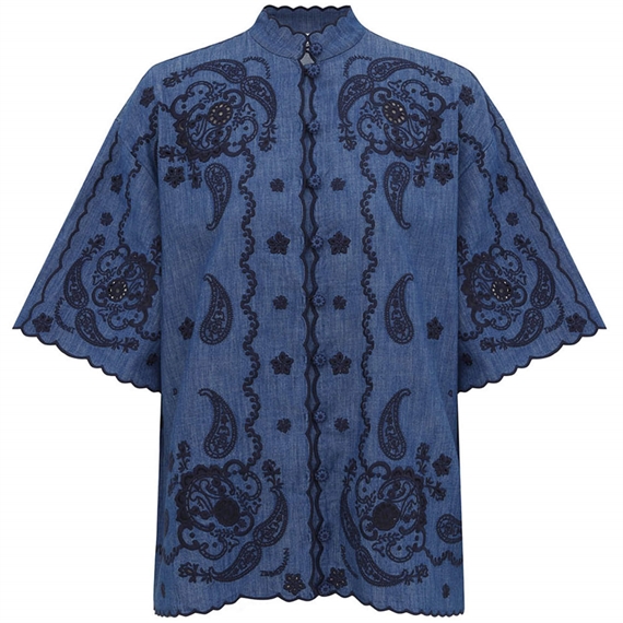 Zimmermann Aster Embroidered Denim Skjorte, Railway Blue
