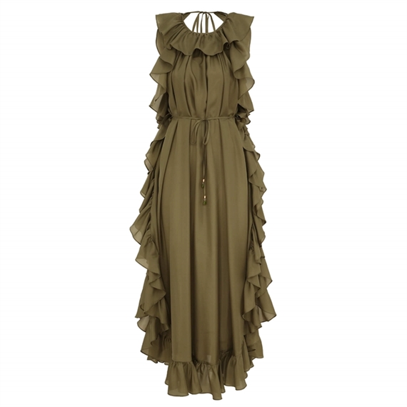 Zimmermann Cascadian Ruffle Midi Kjole, Olive 