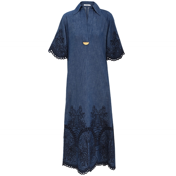 Zimmermann Coco Embroidered Denim Kjole, Railway Blue