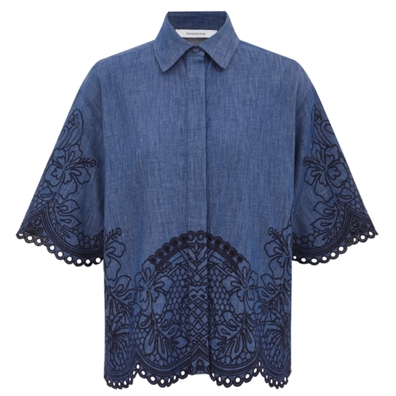 Zimmermann Coco Embroidered Denim Skjorte, Railway Blue