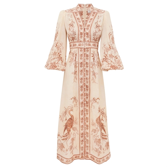 Zimmermann Indra Plunge Midi Kjole, Cream Tan Floral
