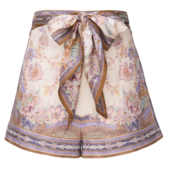 Zimmermann Luna Scarf Tie Shorts, Cream Blue Paisley