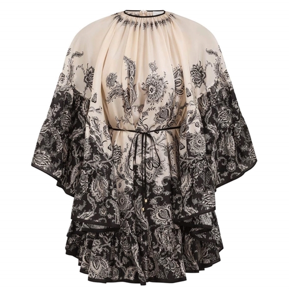 Zimmermann Rhiannon Lantern Mini Kjole, Cream Black Floral