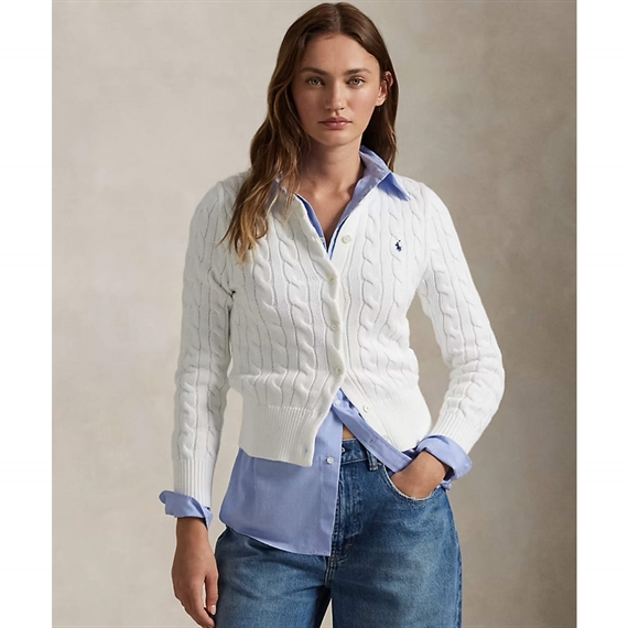 Polo Ralph Lauren Cable-Knit Cotton Crewneck Cardigan, White