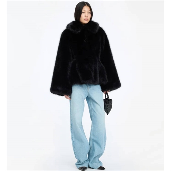 Rotate Faux Fur Flared Jakke, Sort