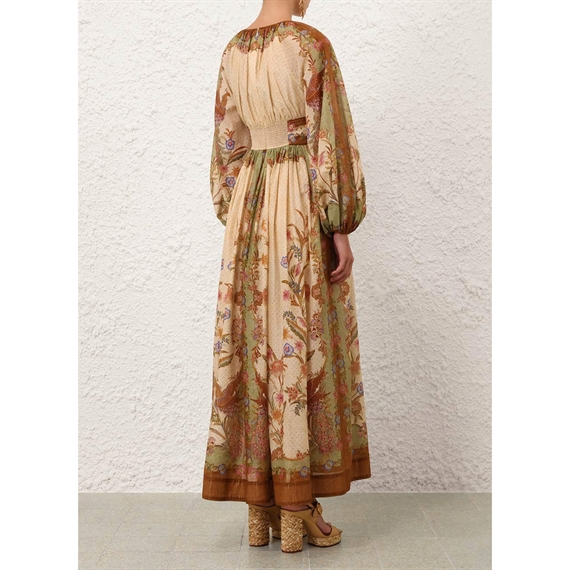 Zimmermann Indra Waisted Maxi Kjole, Cream Khaki Scarf Floral