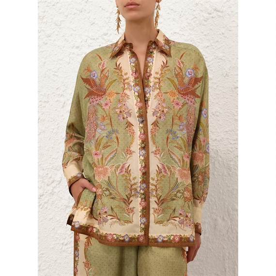 Zimmermann Indra Relaxed Skjorte, Khaki Scarf Floral 