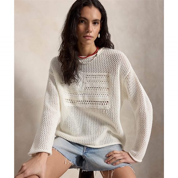 Polo Ralph Lauren Tonal Flag Pointelle Sweater, White Multi 