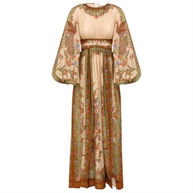 Zimmermann Indra Waisted Maxi Kjole, Cream Khaki Scarf Floral