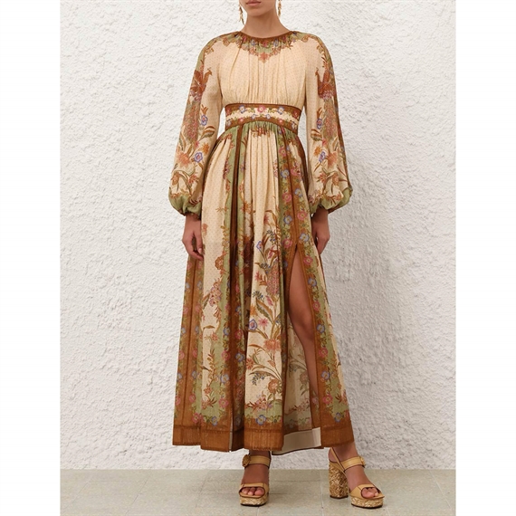 Zimmermann Indra Waisted Maxi Kjole, Cream Khaki Scarf Floral