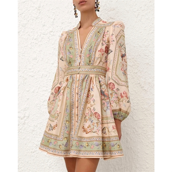 Zimmermann Roselight Plunge Mini Kjole, Sage Tapestry Floral 