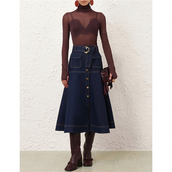 Zimmermann Denim Midi Nederdel, Harbour Blue 