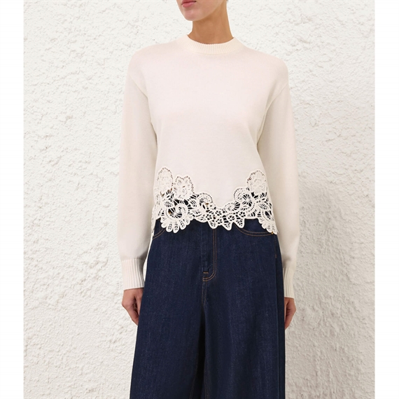 Zimmermann Valiant Merino Lace Sweater, Cream 
