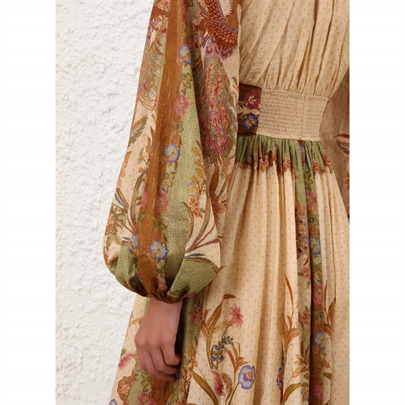 Zimmermann Indra Waisted Maxi Kjole, Cream Khaki Scarf Floral